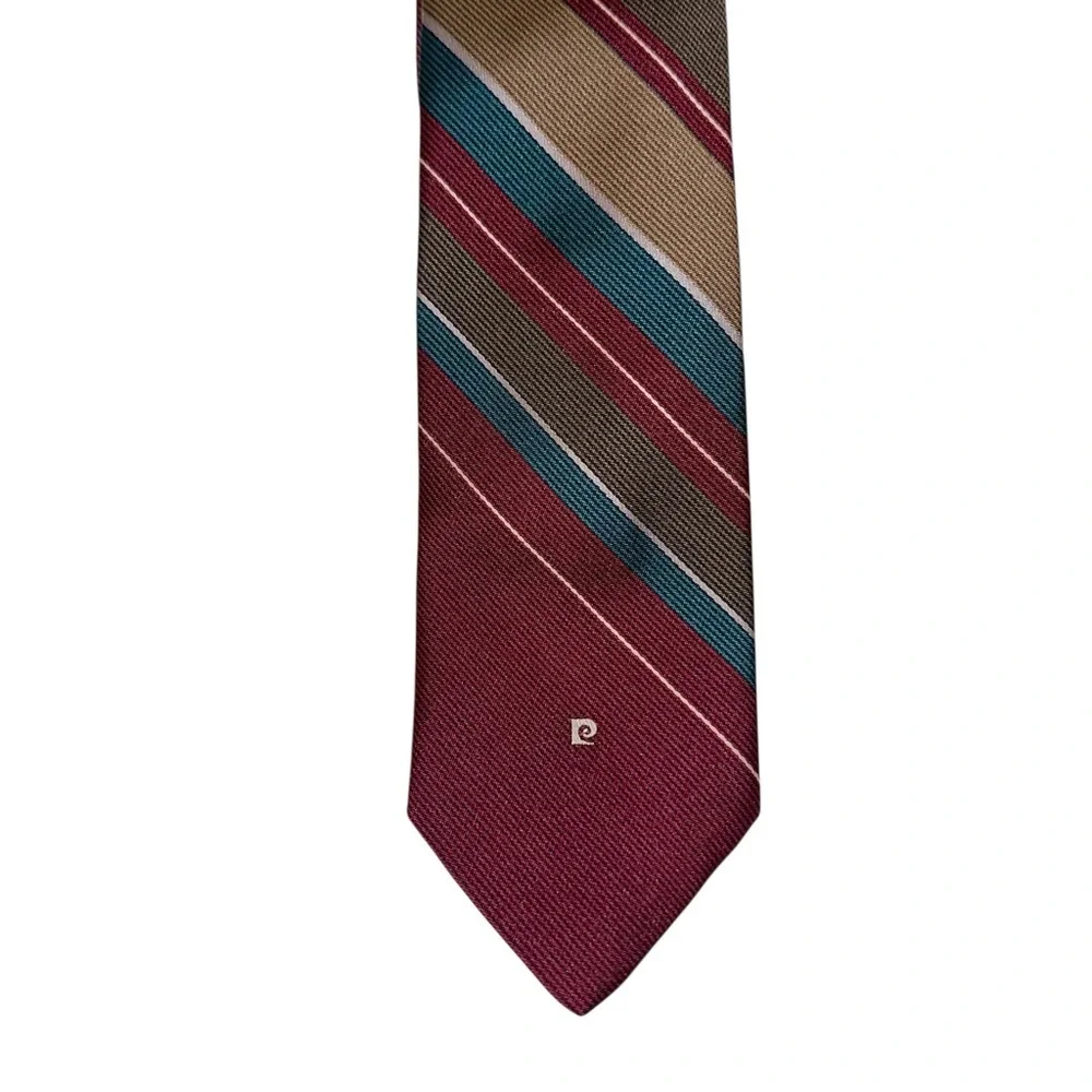 Vintage Pierre Cardin Mens Skinny Logo Tie Made in Italy Maroon Striped 58x2.75”